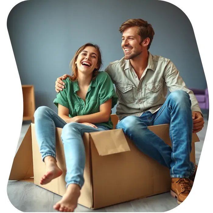 Two guys sitting on the floor of their apartment with Muval moving boxes